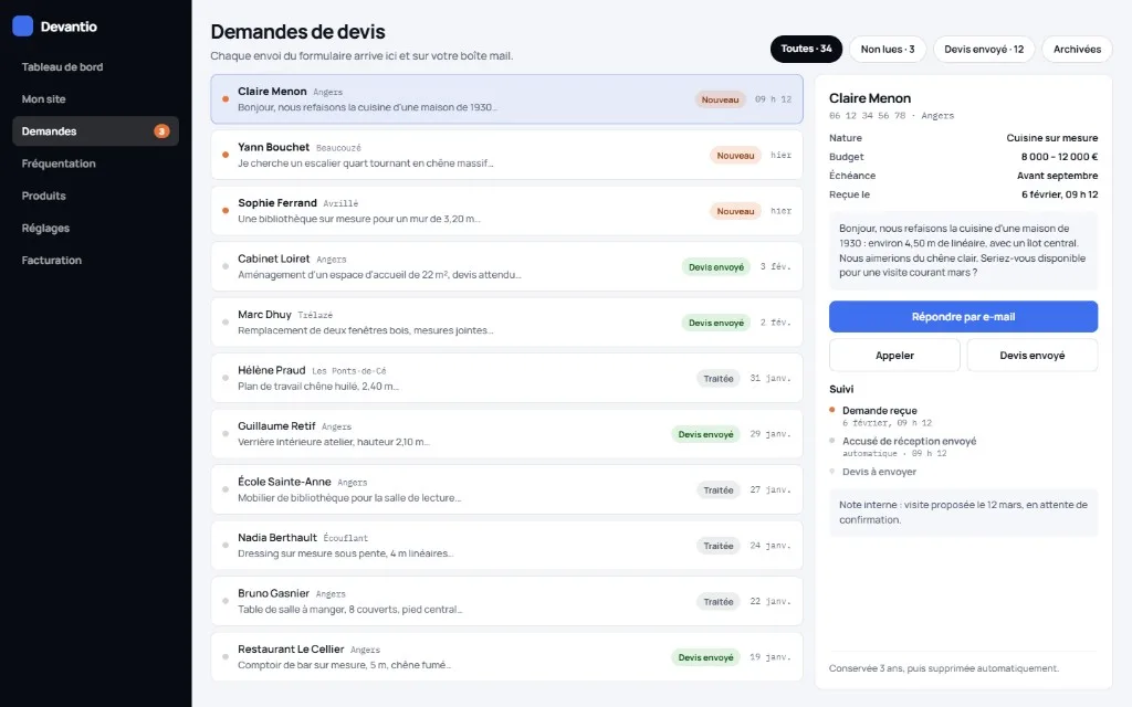 Demandes de devis dans l’espace client Devantio