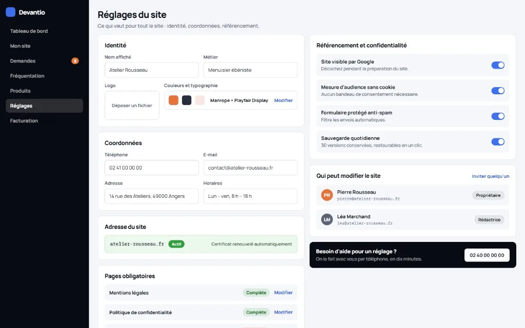 Réglages du site dans l’espace client Devantio