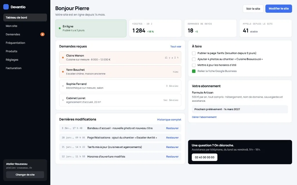 Tableau de bord client Devantio
